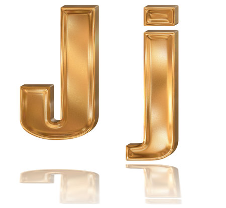 3d golden patterned font with reflection, letter Jの写真素材