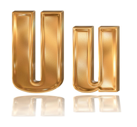 3d golden patterned font with reflection, letter Uの写真素材