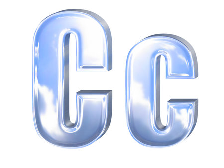 Metal alphabet font symbol with blue sky and clouds reflection, letter Cの写真素材