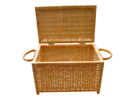 Wickerwork open wood basket isolated over white backgroundの写真素材