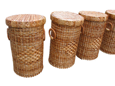 Wickerwork wood baskets isolated over white backgroundの写真素材