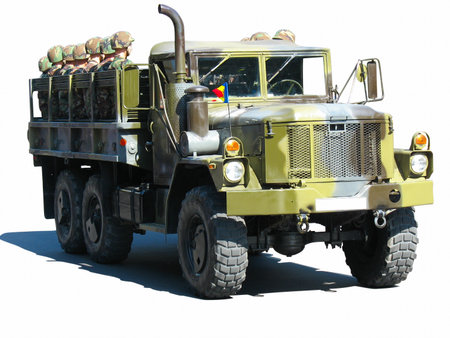 camouflage military truck with soldiers isolated over white backgroundのeditorial素材