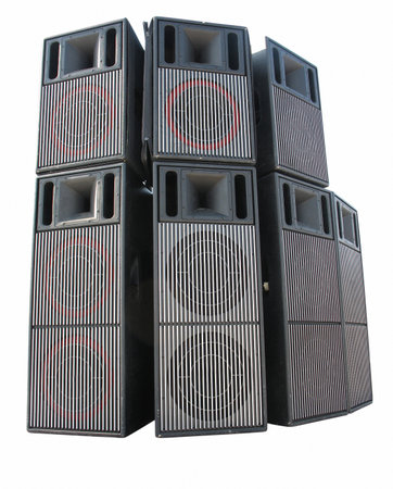 Old powerful stage concerto audio speakers isolated on white backgroundの写真素材