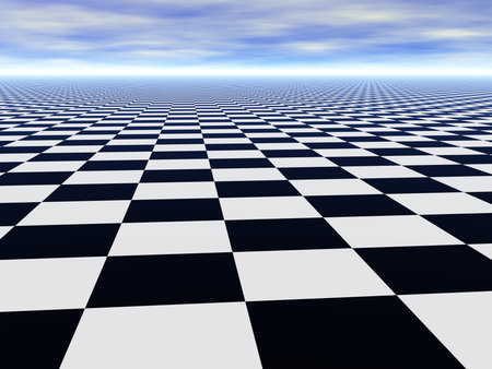 Abstract infinite chess floor and cloudy blue skyの写真素材