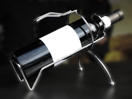 White empty label wine bottle in metallic supportの写真素材