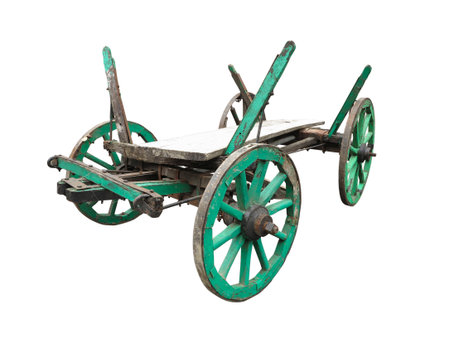Vintage old rough wooden cart isolated on white backgroundの写真素材