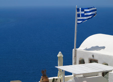 Romantic beautiful cityscape and blue sky of Oia on Santorini island in Greece.の写真素材
