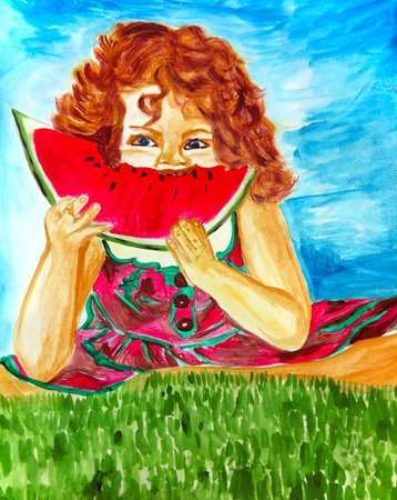 Cute little girl eating watermelon over green grass, hand drawn artworkの写真素材