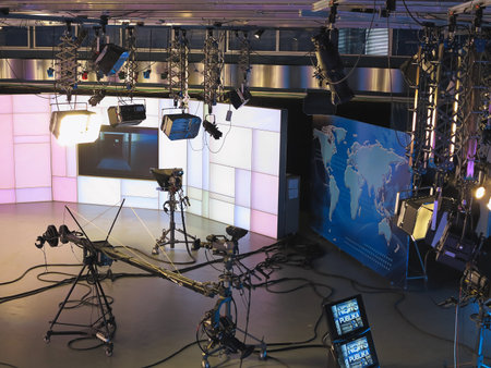 13.04.2014, MOLDOVA, "Publika TV" NEWS studio with light equipment ready for recordind release.のeditorial素材