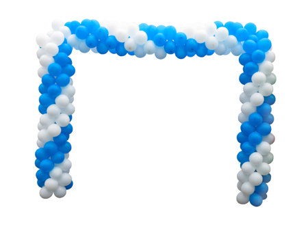 Colorful arch of white and blue balloons isolated over background .     の写真素材