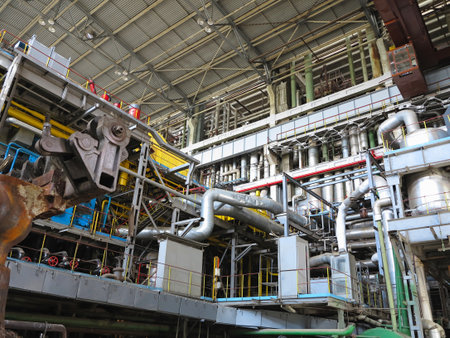 steam turbine, generator, machinery, pipes, tubes, at an power plantのeditorial素材
