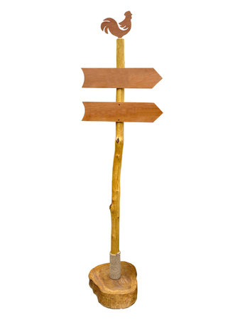 Empty wooden arrow sign post or road signpost isolated over whiteの写真素材