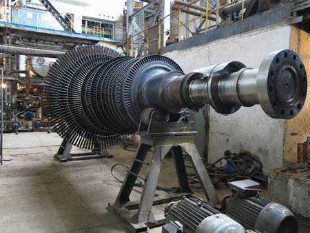 Power generator steam turbine during repair at power plant.の写真素材