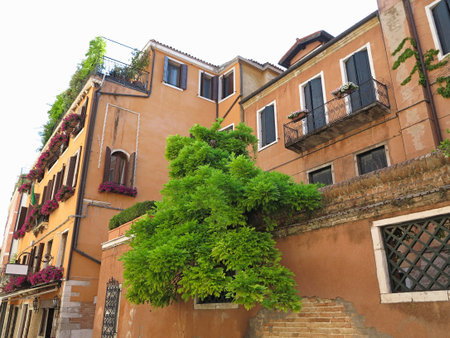 Vintage window and detail of a classical building in the historical center of Venezia, Italyの写真素材
