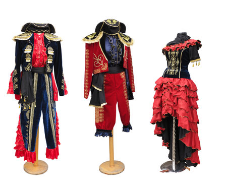 Colorful stylized spanish medieval costume clothes on mannequin isolatedの写真素材