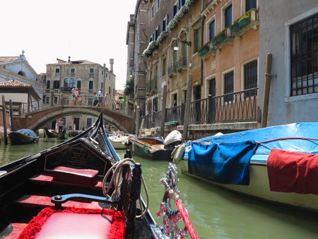 20.06.2017, Venice, Italy: View from gondola to historic buildings and canalsのeditorial素材