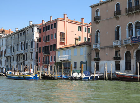 20.06.2017, Venice, Italy: View from gondola to historic buildings and canalsのeditorial素材