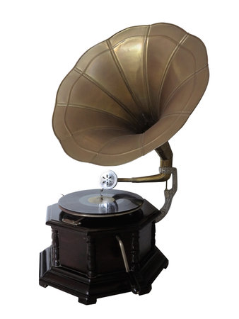 Vintage old gramophone record player isolated over white backgroundの写真素材