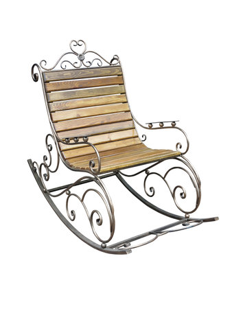 Vintage metallic wooden forged rocking chair isolated over white backgroundの写真素材