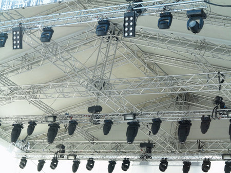 Structures of stage electric illumination spotlights equipment and speakersの写真素材