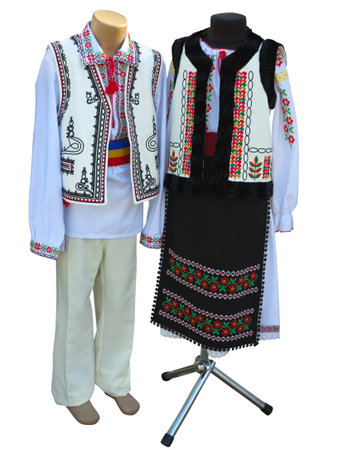 Balkan romania, bulgarian, moldova embroidered national traditional costumes clothes isolated over white backgroundの写真素材