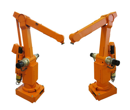 Orange industrial robot manipulator hand isolated over white backgroundの写真素材