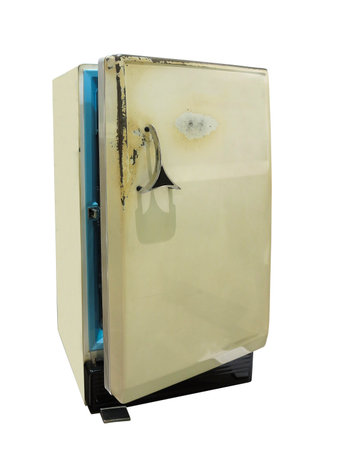Old refrigerator vintage fridge with chrome handle isolated over white backgroundの写真素材