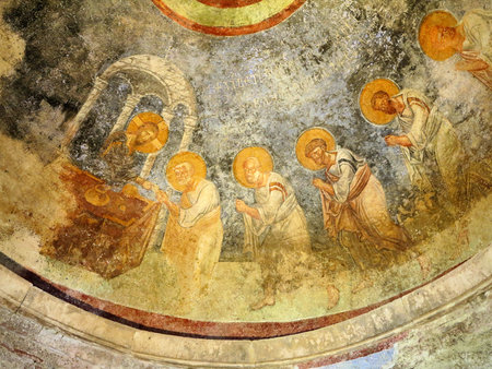 Demre, Turkey - July 2, 2019: Ancient frescoes in the St. Nicholas Byzantine Greek Church in Demre, Turkeyのeditorial素材