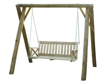 Classic wooden outdoor hanging swing bench furniture isolated over white background.の写真素材