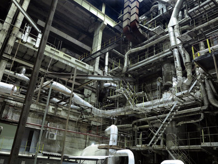 Giant glitter tubes, equipment, cables and piping inside of a modern industrial power plantの写真素材