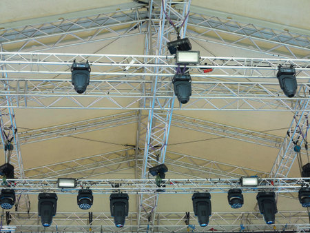 Modern stage metallic structures and light equipment before concertの写真素材
