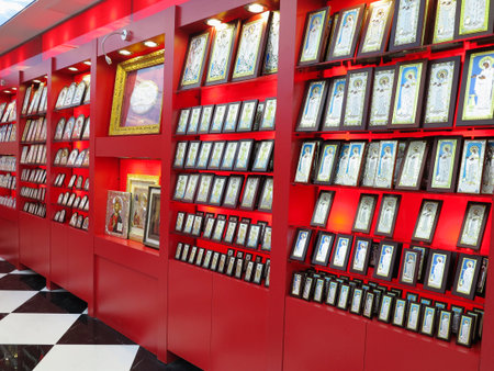 Demre, Turkey - July 02, 2019: Church shop selling icons. Orthodox icons on the shop counterのeditorial素材