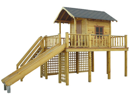 Eco friendly wooden modern playground isolated over white backgroundの写真素材