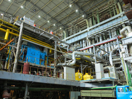 Industrial big water pumps with electric motors, pipes, tubes, equipment and steam turbine at modern power plantの写真素材