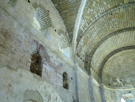 Interior view of the abstract ancient church stone domeの写真素材