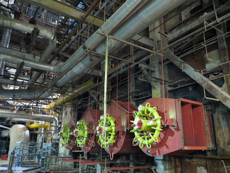 Giant gas-burners, glitter tubes, equipment, cables and piping inside of a modern industrial power plantのeditorial素材