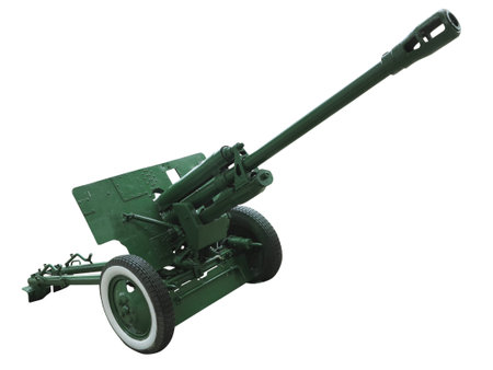 Old green russian artillery field cannon gun isolated over white backgroundの写真素材