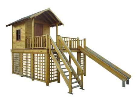 Eco friendly wooden modern playground isolated over white backgroundの写真素材