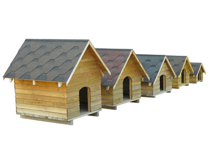 Modern eco friendly wooden doghouse isolated over white backgroundの写真素材
