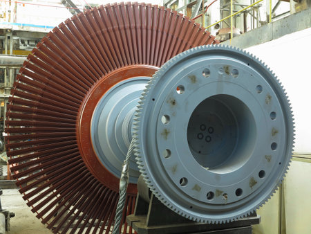 Power generator steam turbine in repair process, machinery, pipes, tubes, at an power plantの写真素材