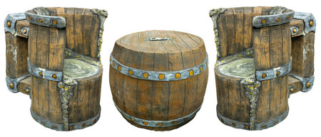 Brown barrel as bar table and vintage bar armchair stylized as beer mug isolated over white backgroundの写真素材