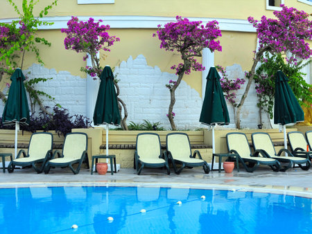 Sun loungers at water front of a swimming pool for relaxation and recreation.の写真素材