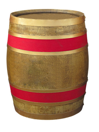 Brown wooden barrel with red line isolated over white backgroundの写真素材