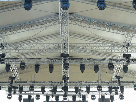Structures of stage illumination spotlights equipment and speakersの写真素材