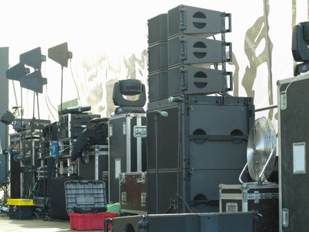 Concert stage equipment, speakers, amplifiers, lights and musical instrumentsの写真素材