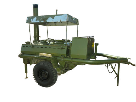 Russian old green mobile outdoor kitchen for the troops in the field conditions isolated over white backgroundの写真素材
