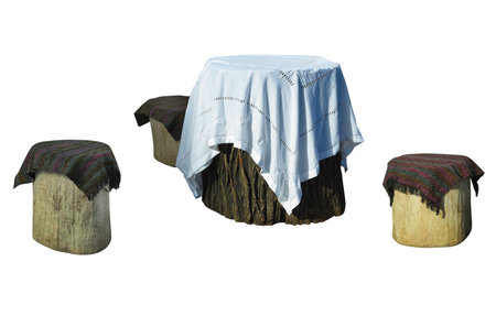 Garden furniture made from wooden logs isolated on white backgroundの写真素材