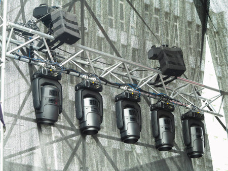 Structures of stage illumination spotlights equipment and speakersの写真素材