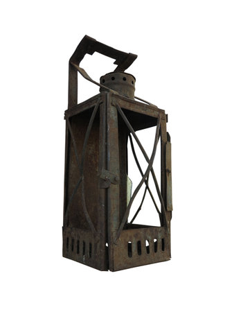 Vintage rusty lantern kerosene old oil lamp isolated over white backgroundの写真素材