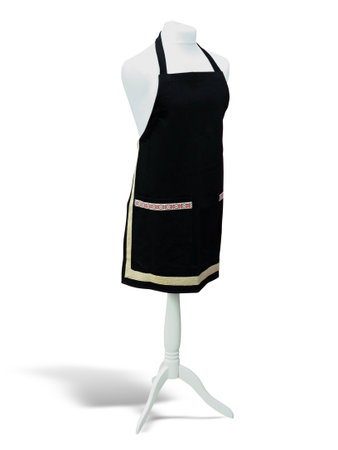 Beautiful decorated kitchen apron on support over white background with shadowの写真素材